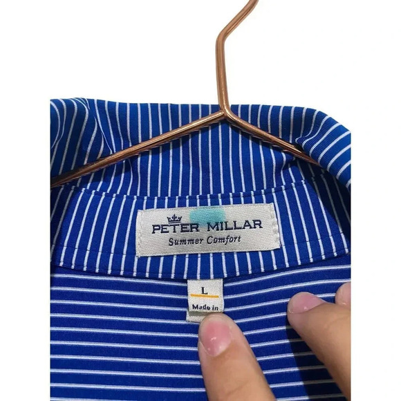 Peter Millar Summer Comfort Blue Short Sleeve Striped Polo Shirt Size Large - Picture 4 of 5